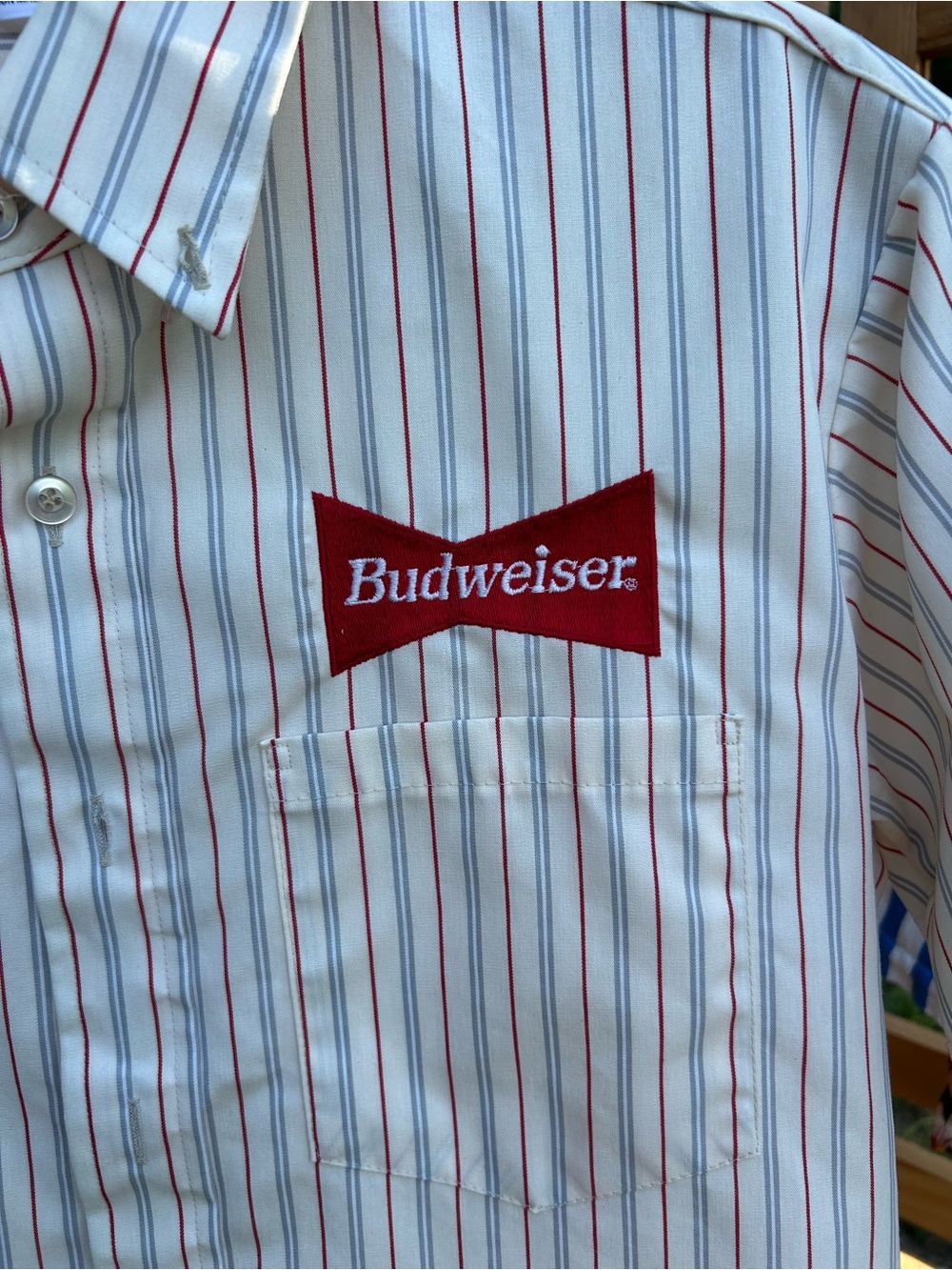 Vintage Budweiser Work Shirt Union Made USA Embroidered Striped Button Up Mens L